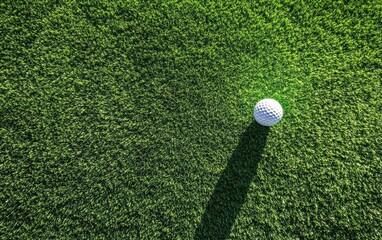 A single golf ball lying on neatly trimmed green grass with a long shadow in bright light. Top view