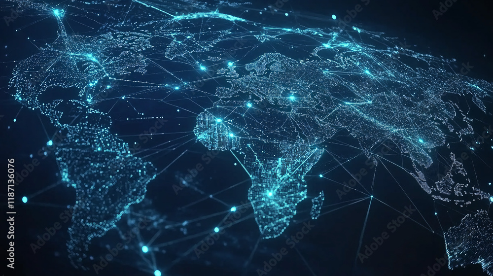 Poster a futuristic digital representation of the world map glowing with vibrant blue light and dynamic net