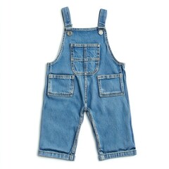 Comfortable denim overalls in light wash, shown flat, on pure white background with copy space
