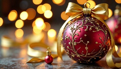 Festive globe ornament with gold ribbons surrounded by glowing holiday lights