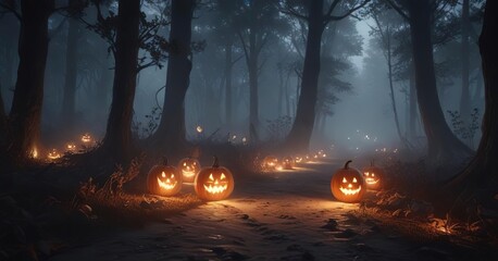 A cluster of lanterns made from hollowed-out pumpkins casts an eerie glow on the dark, misty ground of a deserted mystic forest path at night, mystical illumination, , dark woodlands