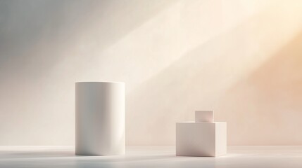 A clean, minimalist stage with a tall white cylinder and a small cube pedestal, positioned on a smooth reflective surface. 