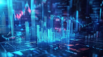 A dynamic background of digital bar charts and graphs with an abstract cityscape, representing the global stock market.