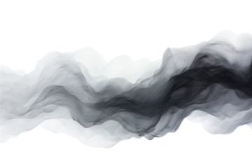 Abstract black and gray smoke waves gracefully flow across a white background creating a tranquil atmosphere