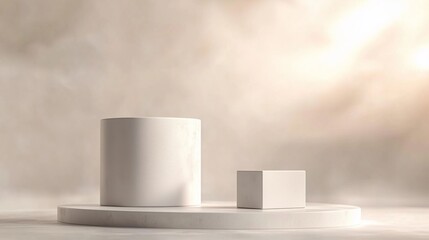 A clean, minimalist stage with a tall white cylinder and a small cube pedestal, positioned on a smooth reflective surface. 