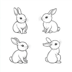 Fototapeta premium Cute Bunny Rabbit Outline Sketch Vector Illustration with Minimal Line Art Doodle in Different Poses