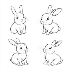 Fototapeta premium Cute Bunny Rabbit Outline Sketch Vector Illustration with Minimal Line Art Doodle in Different Poses