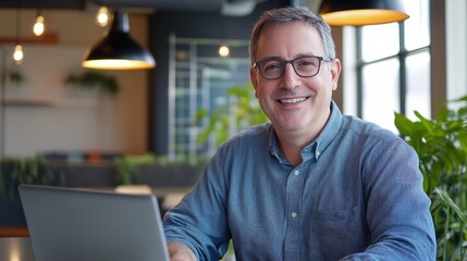 Fototapeta premium A middle-aged man wearing glasses is smiling while sitting at his laptop in an office, creating images for marketing and advertising.