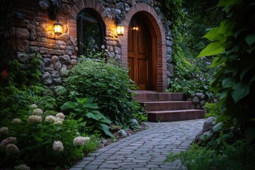 Obraz premium Stunning stone cottage entrance surrounded by lush greenery and soft lighting creates a welcoming atmosphere in the evening