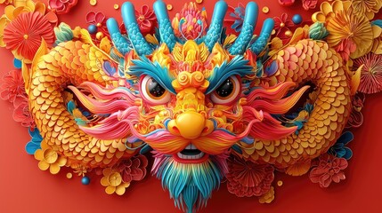 Colorful dragon head sculpture on red background with floral decorations for festive celebrations.