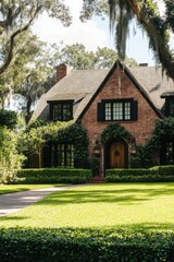 Obraz premium A delightful brick house nestled amidst vibrant green landscaping, set in a tranquil neighborhood, basking in the warmth of daytime sunlight