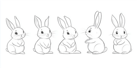 Fototapeta premium Cute Bunny Rabbit Outline Sketch Vector Illustration with Minimal Line Art Doodle in Different Poses