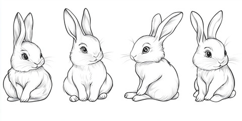 Cute Bunny Rabbit Outline Sketch Vector Illustration with Minimal Line Art Doodle in Different Poses







