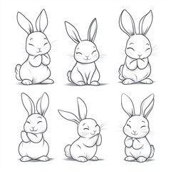 Obraz premium Cute Bunny Rabbit Outline Sketch Vector Illustration with Minimal Line Art Doodle in Different Poses