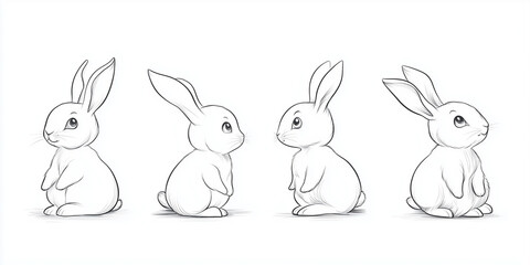 Obraz premium Cute Bunny Rabbit Outline Sketch Vector Illustration with Minimal Line Art Doodle in Different Poses