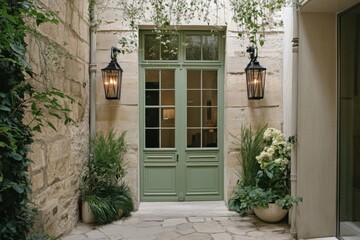 Charming courtyard entrance featuring elegant green doors and lush greenery in a serene setting, perfect for a peaceful retreat or stylish hospitality