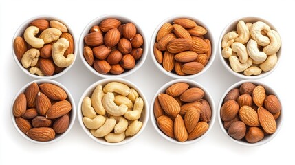 A vibrant assortment of various nuts displayed in bowls, showcasing almonds, cashews, and hazelnuts in an appealing arrangement.