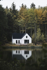 Fototapeta premium Modern white house situated by a serene lake surrounded by lush trees in autumn, reflecting nature's beauty in calm waters during the early afternoon