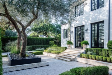 Elegant garden and steps leading to a modern white house with large windows surrounded by lush greenery in the afternoon light