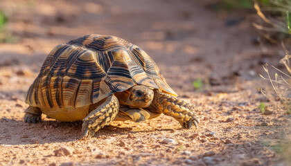 Obraz premium Leopard Tortoise Walking on a Sandy Path in the Afternoon Sun and Copy Space