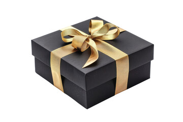 Luxury Black Box with Shiny Gold Ribbon Bow Special Occasion Elegant Gift PNG Icon on transparent background