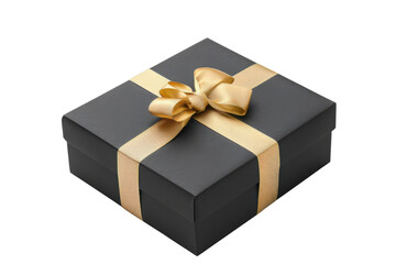 Luxury Black Box with Shiny Gold Ribbon Bow Special Occasion Elegant Gift PNG Icon on transparent background