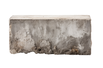 Concrete block showcasing weathered texture and uneven surface in a stark setting during daylight