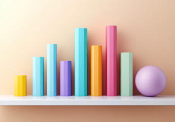 Stacked colorful blocks in various heights create a striking visual display on a shelf. A pastel sphere complements the arrangement, enhancing the composition.