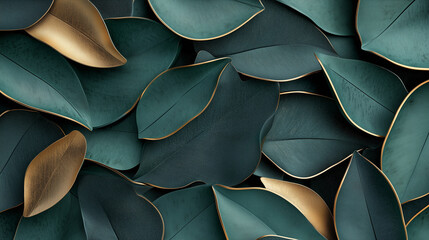 Abstract leaves overlapping in layers of green and gold wall frame canvas art, 3d illustration