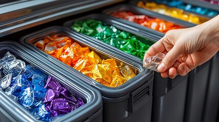 Hand selecting colorful candy from organized containers.