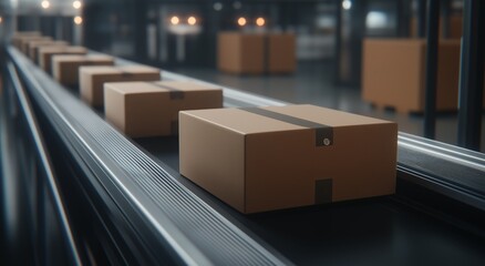 Cardboard Boxes on Conveyor in Warehouse  .