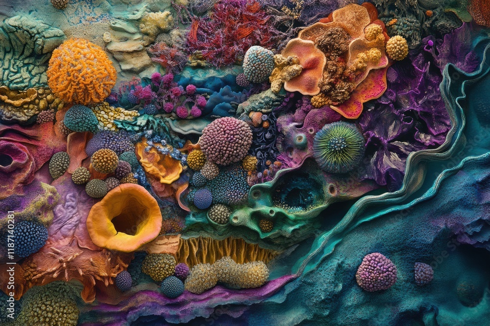 Poster bacteria forms and textures creating a vibrant abstract composition in a microscopic world. generati