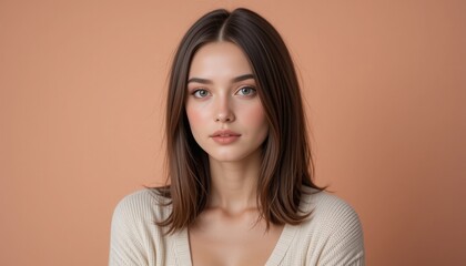 Fototapeta premium A young woman with long, straight hair poses confidently, showcasing a natural beauty. Her calm demeanor and striking features create an intimate atmosphere against a warm, muted background