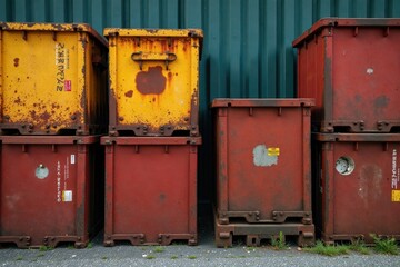 Rusty metal boxes stacked outdoors, grunge texture, artifact, recycled