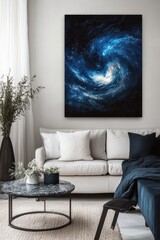 Abstract cosmic poster, swirling galaxies, deep blues and blacks, and ethereal light patterns, evoking a sense of wonder