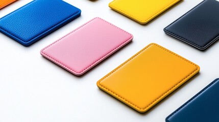 Fototapeta premium A vibrant array of colorful leather cardholders arranged on a white surface, showcasing various textures and hues.