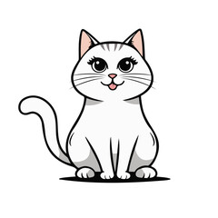 Cute cat concept. Adorable domestic animal sitting. Fluffy tabby white cat. Lovely kitten stands. Graphic element for website. Cartoon flat vector illustration isolated on white background