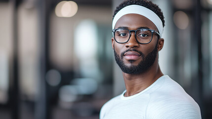 Young african american man wearing white headband, t shirt and glasses, standing in the modern gym room interior, looking at the camera and smiling. black skinned male workout indoors, training.