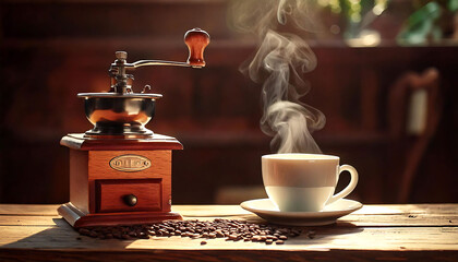 Warm, inviting image of a vintage coffee grinder and steaming cup on a rustic wooden table.