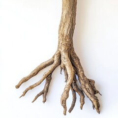 Naklejka premium A single tree root with visible textures, isolated on a white background
