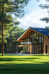 Obraz premium A contemporary wooden home featuring expansive glass windows, nestled amid vibrant green trees in a peaceful forest environment, all under a pristine blue sky