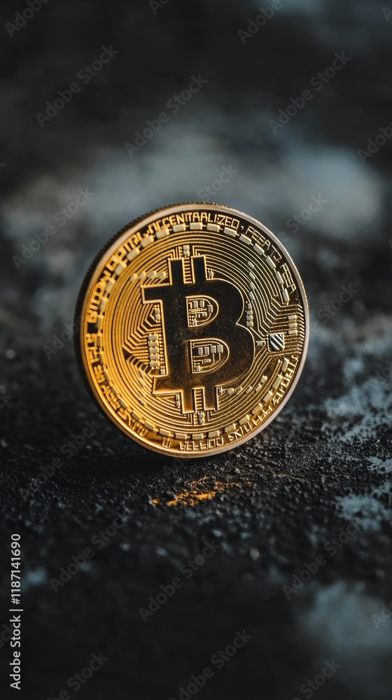 Aufkleber physical golden bitcoin is showing its intricate details while resting on a dark, textured surface, 