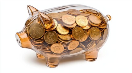 A transparent piggy bank filled with shiny coins, symbolizing savings, financial growth, and budgeting.