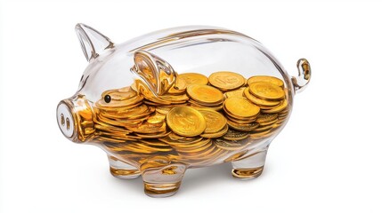 A transparent piggy bank filled with shiny gold coins, symbolizing savings and financial growth.