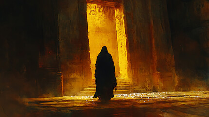 Fototapeta premium A sorrowful Judas exiting the dimly lit temple, silver coins glinting faintly on the ground behind him, his silhouette outlined by the warm glow of torchlight,