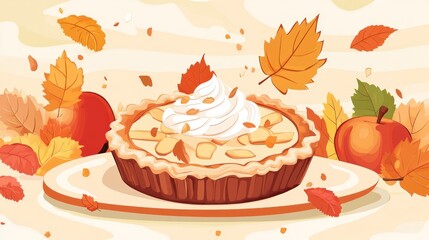 Autumn Apple Pie Whipped Cream Fall Leaves Dessert