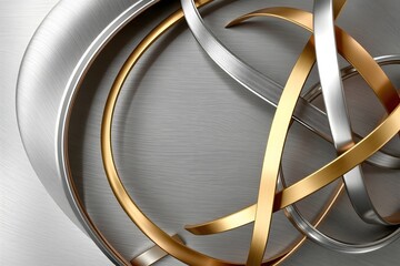 Abstract metallic design featuring intertwined silver and gold ribbons on a brushed background.
