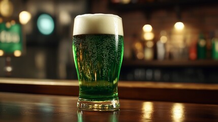 Green beer sits on a bar counter in a pub