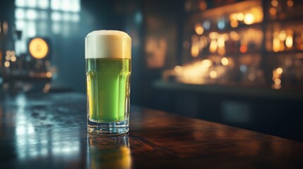 A glass of green beer sits on a bar top
