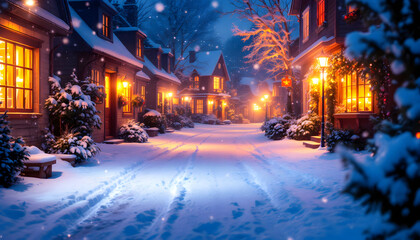 Naklejka premium Snow-Covered Village Street: A Romantic Winter Night Scene
